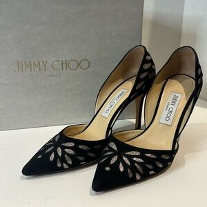 Jimmy Choo Black Suede and Glitter Pump 85 (37.5)